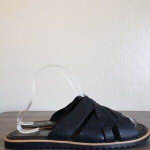 Sorel Ella Glitter Leather Slide Sandals Black Sz Women's 9.5 Crisscross Strappy